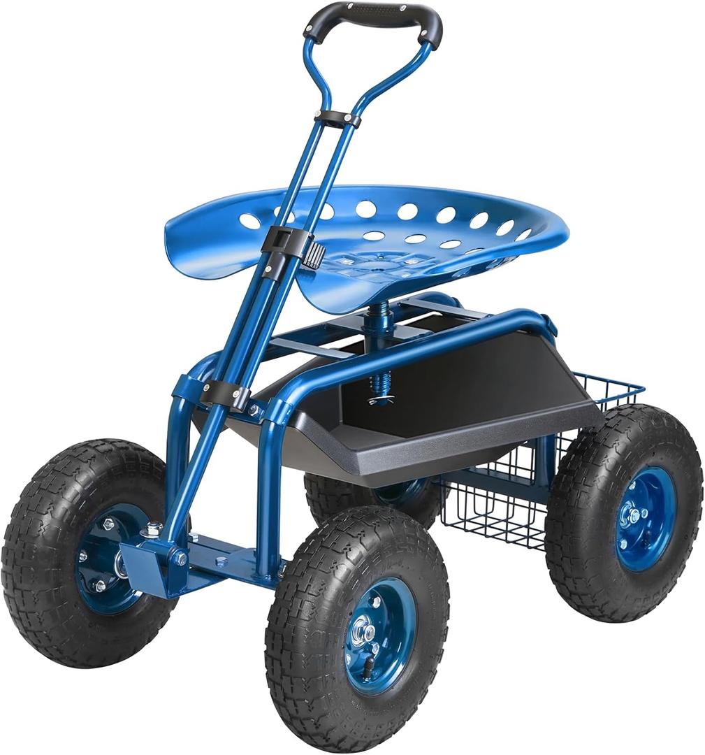 VEVOR Garden Cart Rolling Workseat with Wheels, Gardening Stool for Planting, 360 Degree Swivel Seat, Wagon Scooter with Steering Handle & Utility Tool Tray, Use for Patio, Yard, and Outdoors, Blue