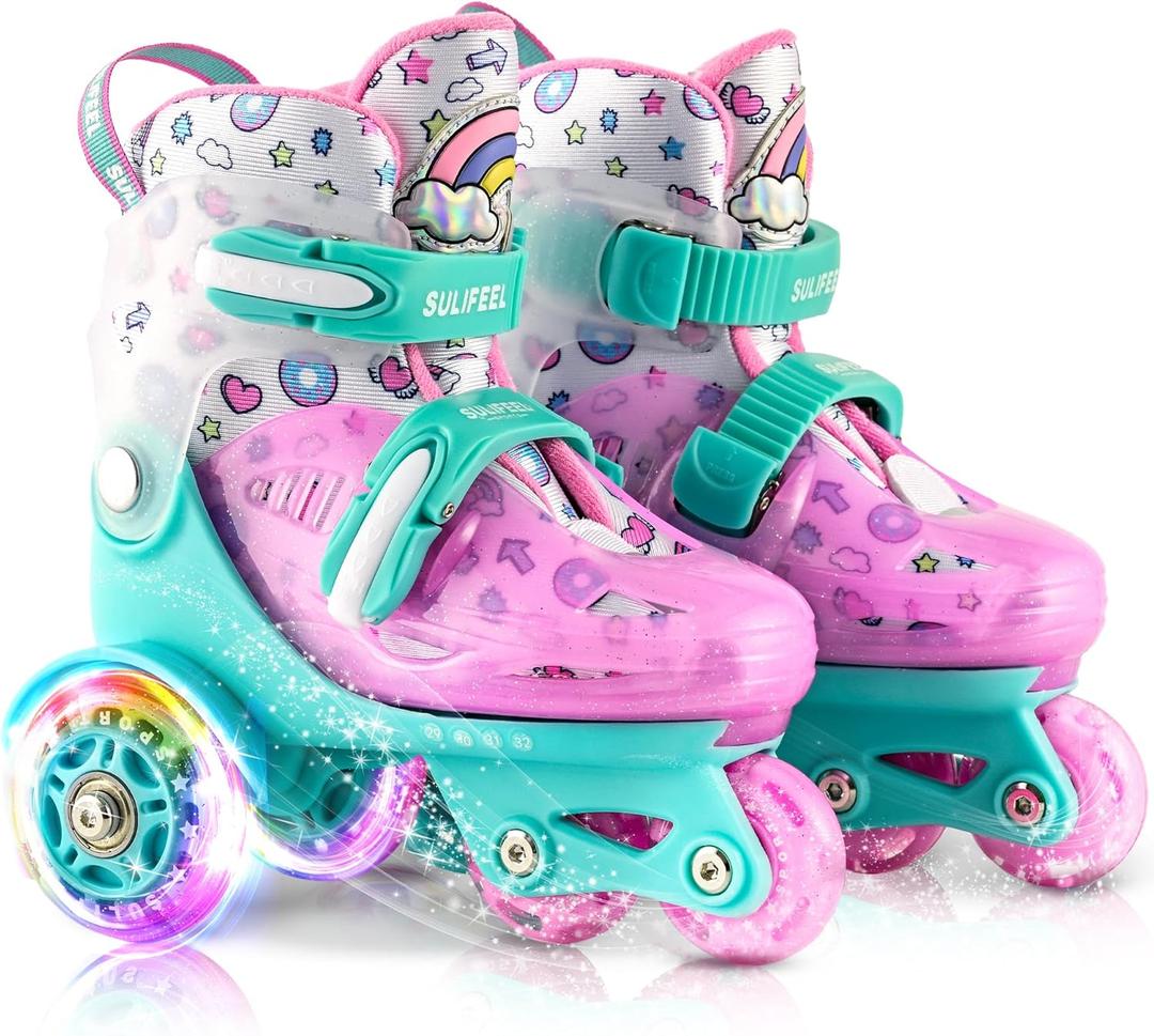 SULIFEEL Adjustable Roller Skates for Girls Boys Kids,Fun Illuminating Light Up Flash Wheels Three-Point Type Balance Suitable for Beginners Indoor Roller Skating (XS-Small(8C-11C US), Green & Pink)