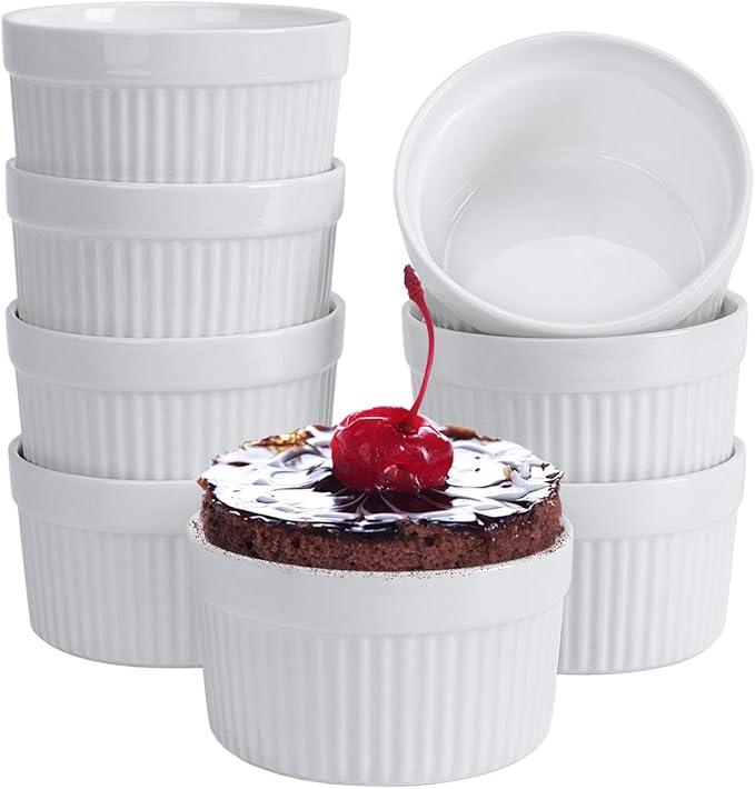 MALACASA Ramekins 6 oz Oven Safe, Porcelain Creme Brulee Ramekins Pudding Custard Cups Small Ceramic Souffle Dishes Ramakan Ramiken Ramicans Baking Bowls Set of 6, White, Series RAMEKINDISH