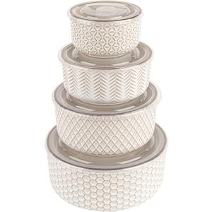 KooK Ceramic Nesting Bowls, with Lids, Serving, Set of 4, Embossed, Kitchen, Prep, Mix, Gift, Microwave and Dishwasher Safe, 10/16/29/47 oz, Narbonne Collection (Ivory)