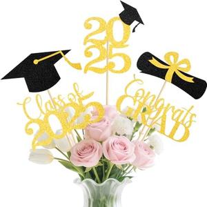 2 Pack MSZWTDZX Graduation Decorations 2025, 20Pcs Class of 2025 Graduation Centerpieces for Tables, Double-Sided Grad Table Centerpieces with Sticks, Grad Party Decoration Supplies (Black&Gold)