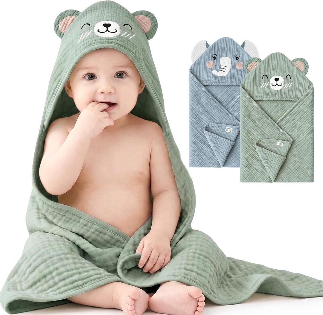 Konssy 2-Pack Muslin Baby Hooded Towels, 100% Cotton, Soft and Absorbent Baby Bath Towels for Newborn, Infant & Toddler with Animal Hooded Design(Elephant & Bear)