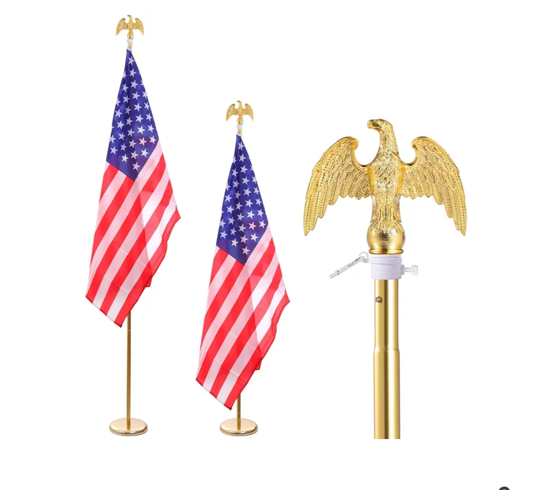 8FT Indoor Flagpole Kit, Deluxe Gold Eagle Topper Sectional Flag Pole with Base Stand, Premium Aluminum Pole Heavy Duty Flag Pole with 3x5Ft US Flag for Schools, Office, Hall