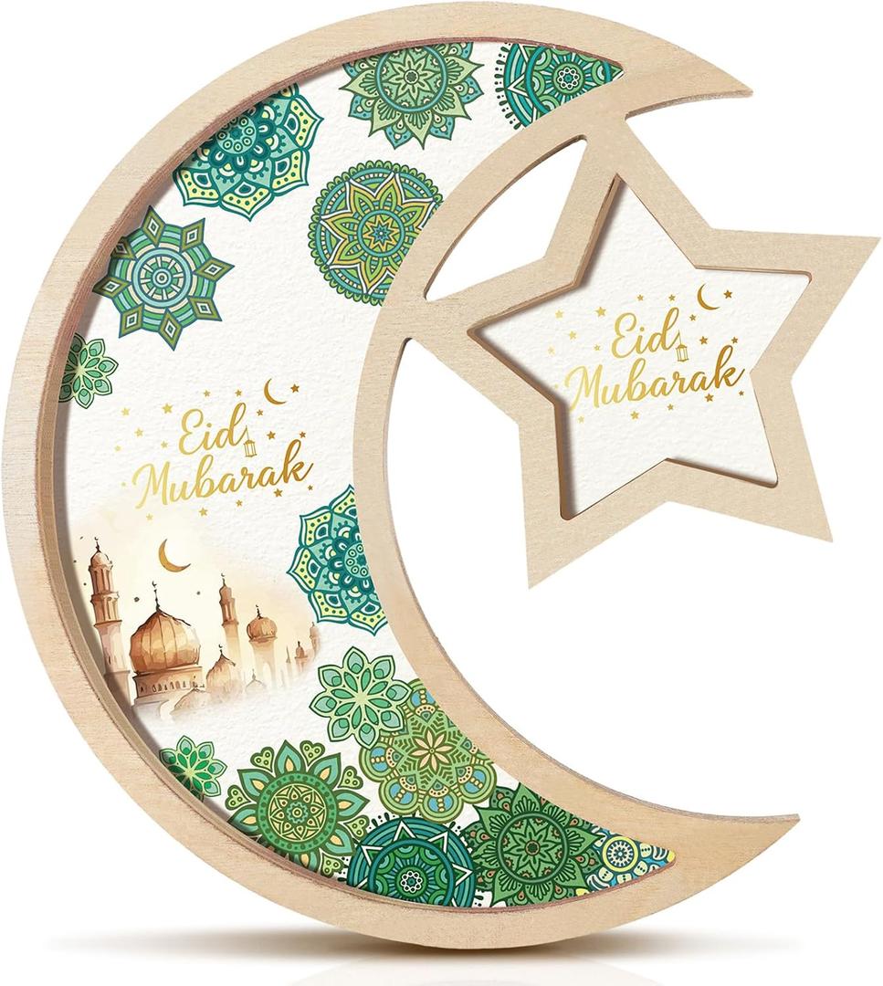 Vercraft Ramadan Serving Tray Moon Star Eid Mubarak Wood Tray Table Plate Decor Gift Ramadan Platter Decoration for Table Islam Muslim Party Tableware for Home Party Dessert Snack(Green Floral)
