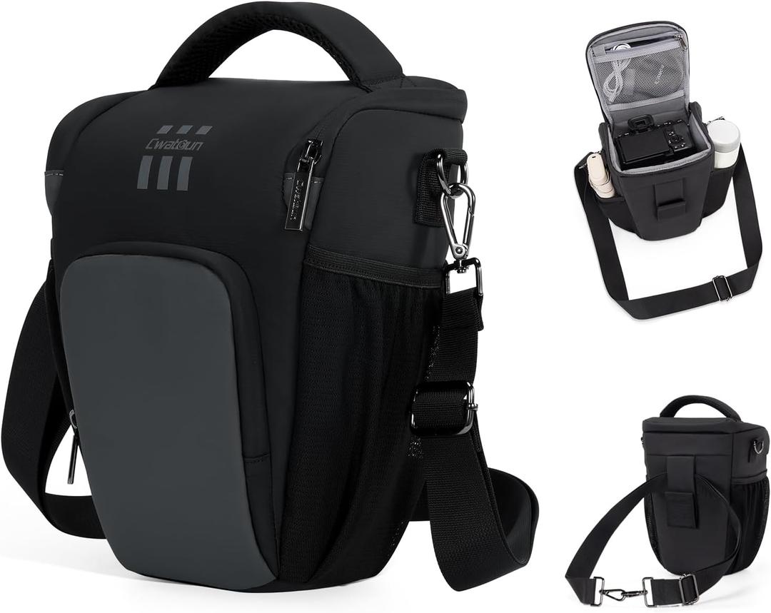 Cwatcun Camera Sling Bag, Compact DSLR Waterresistant Shoulder Bag for Photography - Fits Canon/Nikon/Sony, Quick-Access Padded Compartment, Lightweight Black Digital Camera Bag (Large)