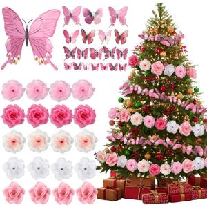 108 Pcs Pink Rose Christmas Tree Decorations Set Include 60 Pcs Faux Rose 3.94 Inch and Stems Ornaments and 48 Pink Magnetic Butterfly with Adhesive Dot for DIY Wreath Wedding Floral Pick