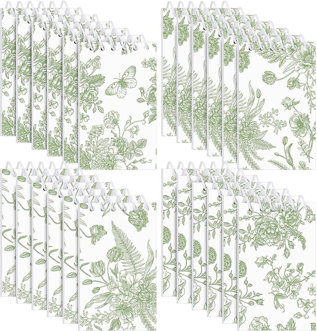 24 Pcs Sage Green Floral Mini Notepads Chinoiserie Vintage Flower Small Spiral Pocket Notebooks Bulk for Bridal Wedding Baby Shower Birthday Tea Party Favor Gift Present Supplies (Green and White)