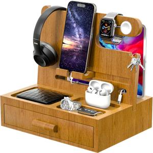Phone Docking Station for Men - Stocking Stuffers for Men Boyfriend, Nightstand Organizer Bedside Organizer, Gift for Men, Gift for Husband, Birthday Gifts for Men (Wood)