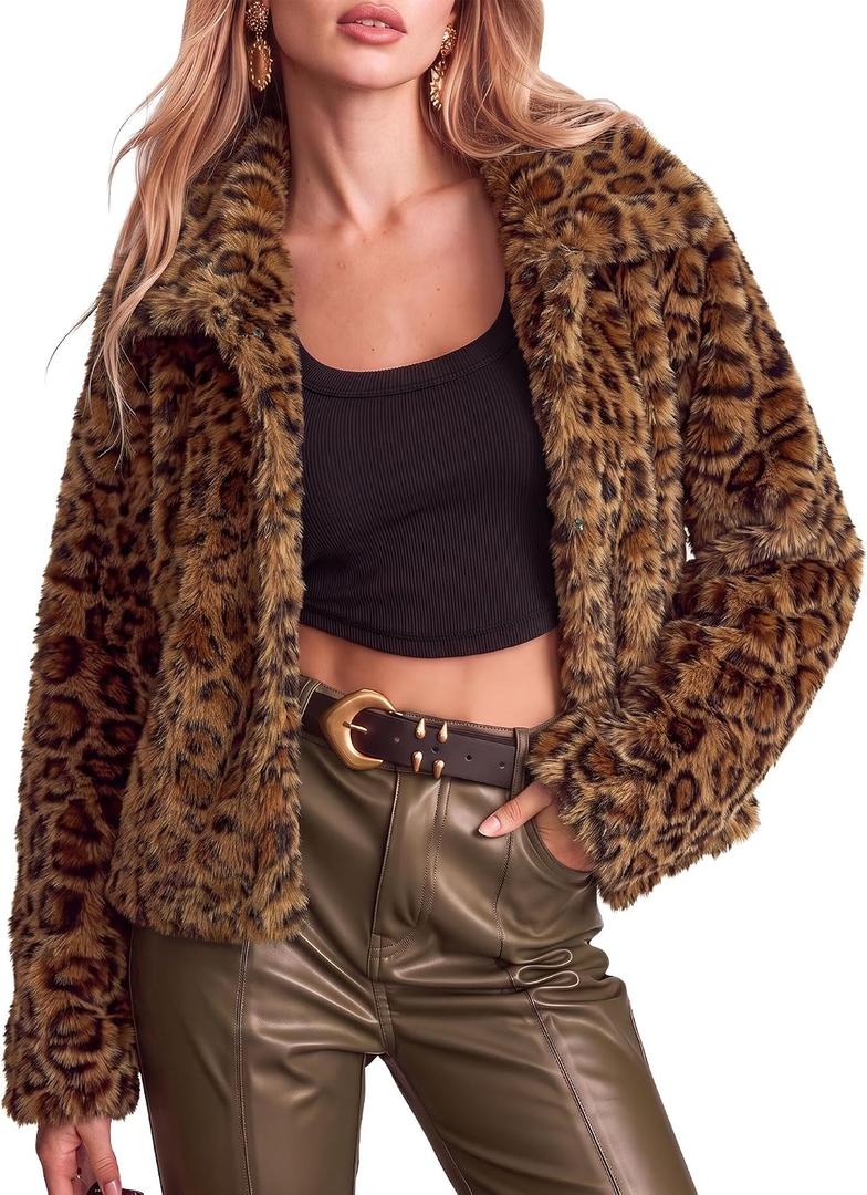 luvamia Women's Leopard Print Faux Fur Jackets Fluffy Furry Winter Coats (M)