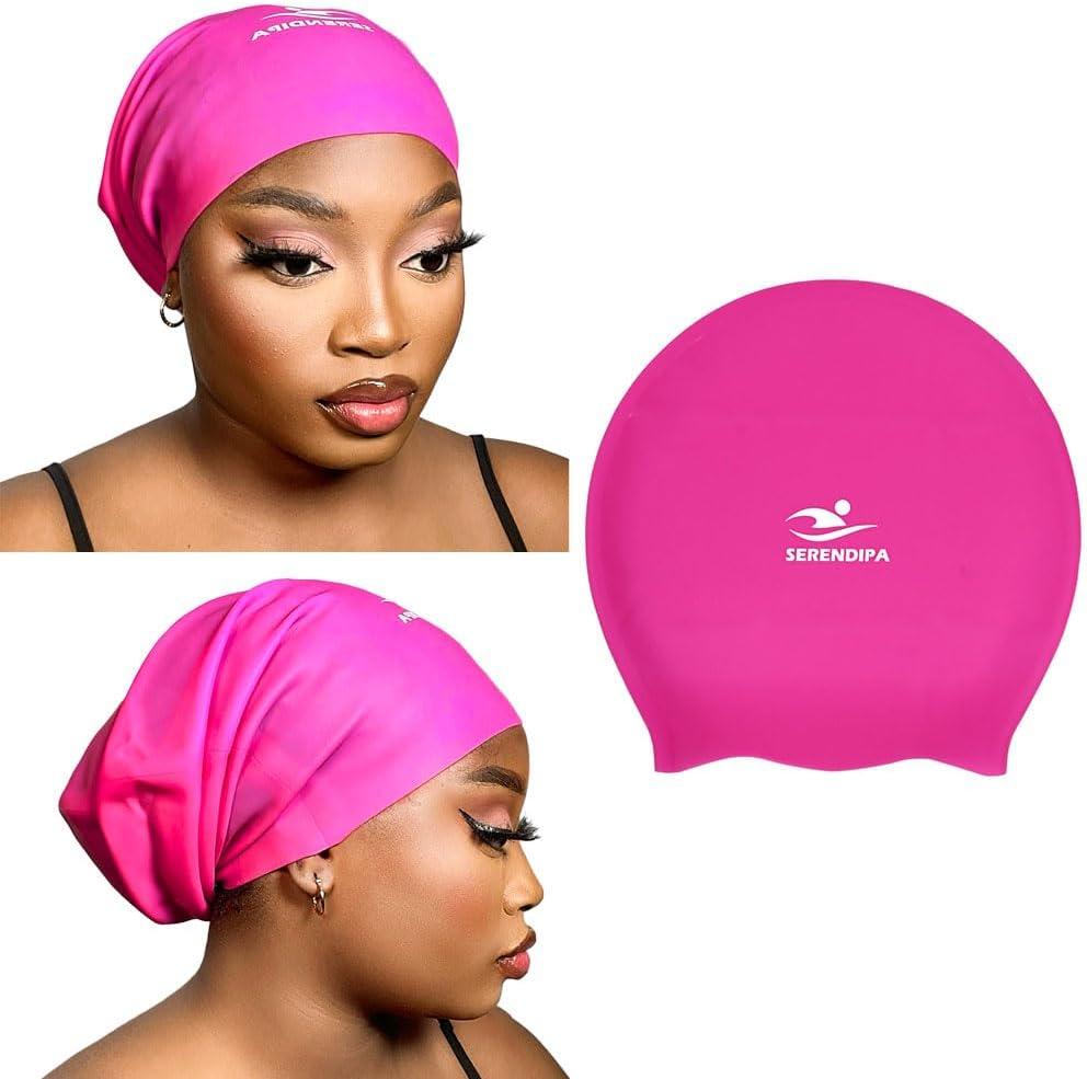Large Swim Cap for Long Hair, Dreadlocks, Weaves, Hair Extensions, Braids, Curls & Afros - Waterproof Silicone Swimming Cap for Women & Men, Comfortable for Pool, Beach & Training (Pink, L-Large)