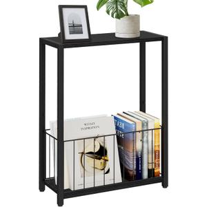 Narrow Side Table with Magazine Holder, Skinny End Table Perfect for Small Spaces, Space-Saving Design for Living Room, Bedroom, or Office, 7.1" D x 16.9" W x 23.6" H, Black
