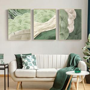 3Pcs Abstract Green Wall Art Mid Century Texture Wall Decor Posters Pictures Modern Minimalist Sage Green Ginkgo Leaf Canvas Paintings Prints for Bedroom Living Room Decoration Unframed (12"x16")