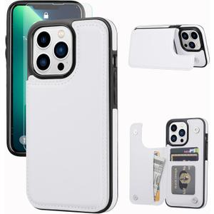 Wallet Case Compatible with iPhone 13 pro 6.1",Slim Protective case with Card Holder,Premium PU Leather Kickstand Card Slots Case with 1 Screen Protective Glass for iPhone13pro(6.1")-White