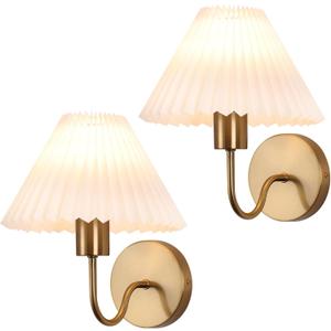 Brushed Gold Wall Sconces Sets of 2, White Pleated Fabric lampshade, Indoor Gooseneck Wall Lamp Lighting, Bathroom Dresser Hardwired sconces wall decor Fixture for Living Room Bedroom Dining Room (10.43 inches), Gold 