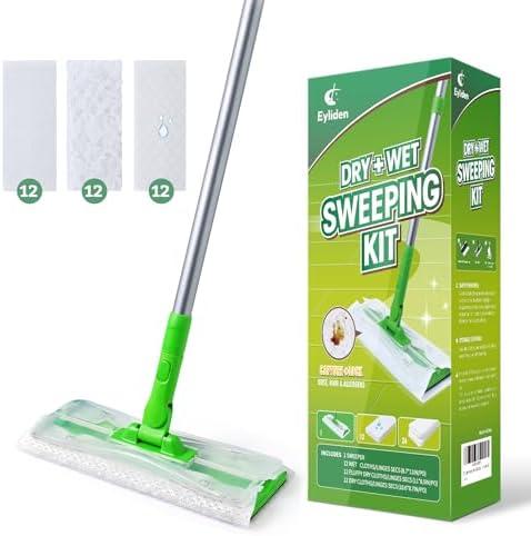 Eyliden Sweeper Mop with 36 Refills - 3 Types of Disposable Dry & Wet Cloths | Lock-Tight Design No Lost Pads, Universal Refills, Multi-Surface Sweeping Starter Kit for Pet Hair, Dust, Floor Cleaning