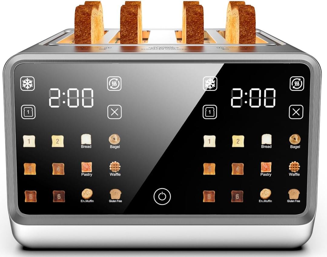 4 Slice Toaster Dual Digital Smart TouchScreen & Independent Control Panel | Single-Slot Tech, Timer/Reheat/Defrost for Bagels, Bread | 1800W Stainless Steel, 6 Toast Types & Shade Settings