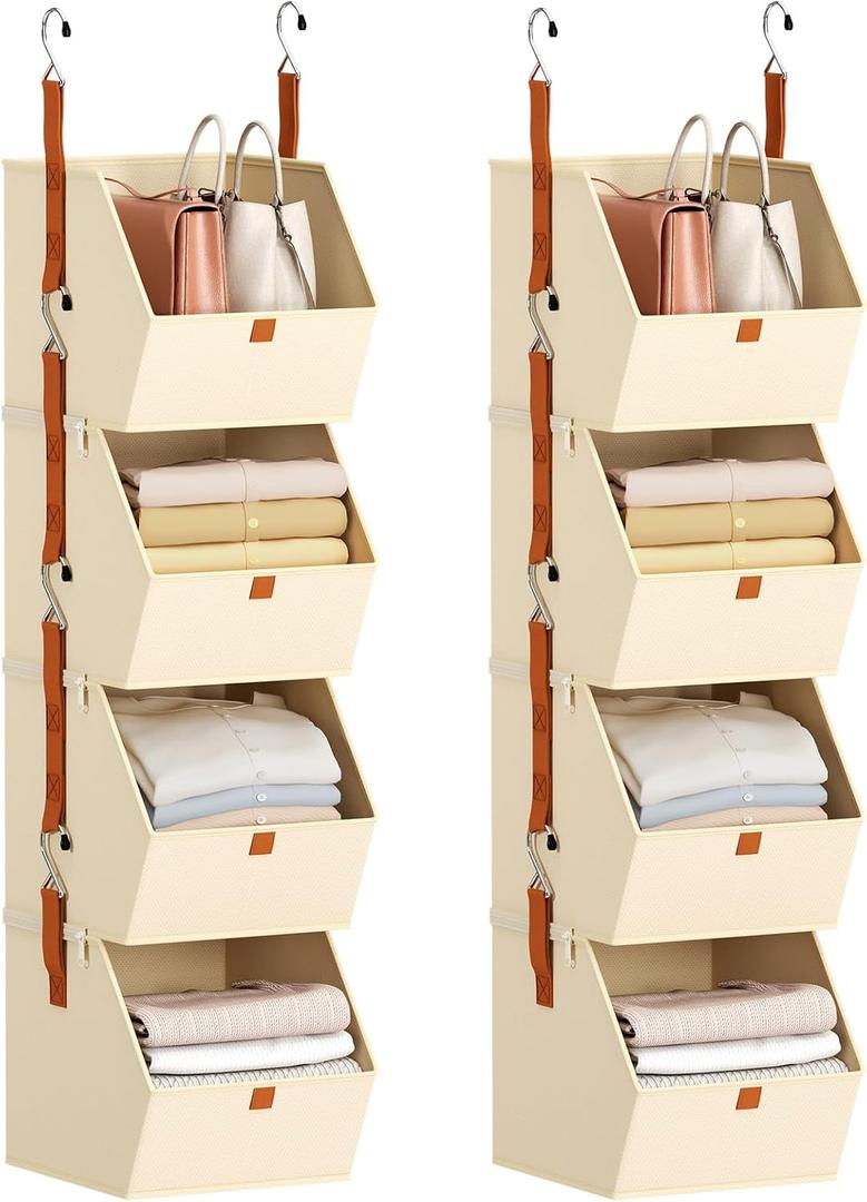 Homsorout Hanging Closet Organizer 4 Tier - Clothes Hanging Shelves, Space-Saving Closet System, Fabric Storage Bins Bedroom Organization, Collapsible Baskets for Home, Dorm, Rv, Beige, 8 Pack