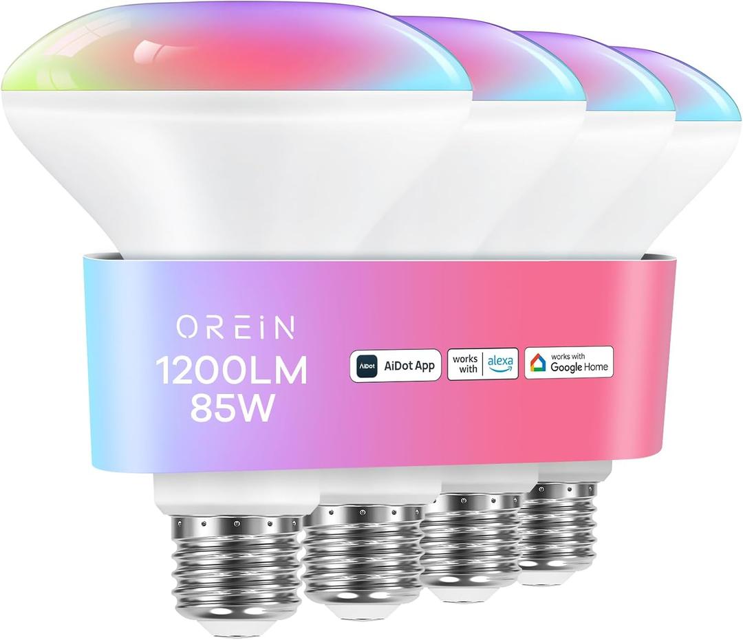 OREiN Smart Light Bulb,1200 Lumens BR30 Smart Flood Light Bulbs Work with AiDot App, Alexa, Google Home, RGBTW Color Changing Light Bulbs 2.4Ghz WiFi, 85W 4Pack