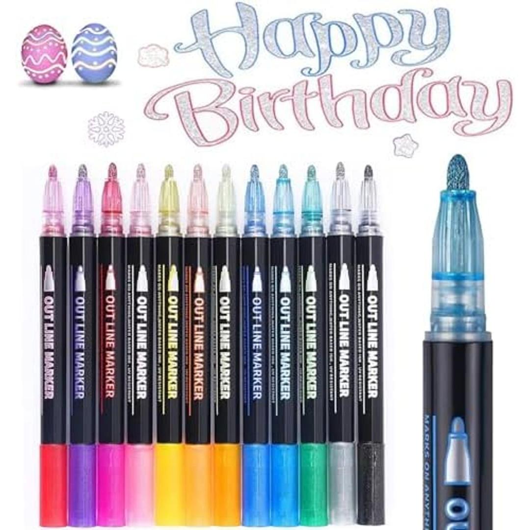 Misssugar5 Glitter Markers Double Line Outline Markers, 12 Colors Doodle Dazzle Markers, For Painting, Christmas Cards, DIY Craft Projects Art Supplies For Girls Kids Ages 8-12 Glitter Pens For Adults