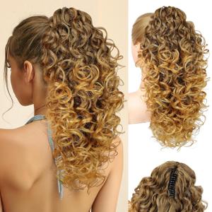 FLUFYMOOZ 100 Pure Protein Ponytail Extension, 18 Inch Curly Claw Clip Ponytail Hair Extensions Natural Soft pony tail hairpiece for women-Medium Brown with Golden Blonde