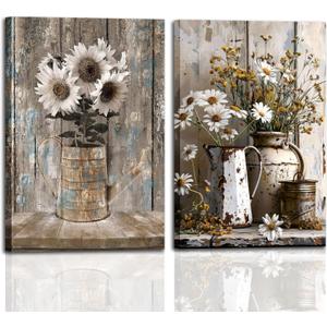 2Pcs Rustic Farmhouse Floral Wall Art, Vintage Sunflower Daisy Canvas Prints, Neutral Framed Wall Decor, Ready to Hang Artwork for Living Room, Bedroom, Dining Room & Bathroom, 16x24 In