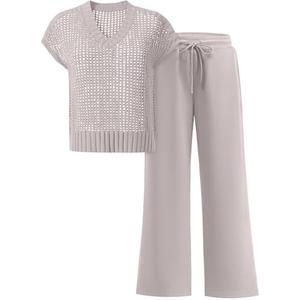 ANRABESS Women 2 Piece Lounge Sets Crochet Knit Sweater Vest Wide Leg Pants Summer Casual Travel Matching Outfits Clothes Large