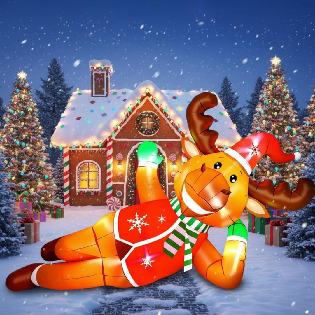 Capoda 10 FT Lounging Reindeer Inflatable Decorations Outdoor, Large Christmas Laying Elk Yard Decoration Blow up Christmas Reindeer with Built-in LED Lights for Holiday Winter Yard Lawn Garden Decor