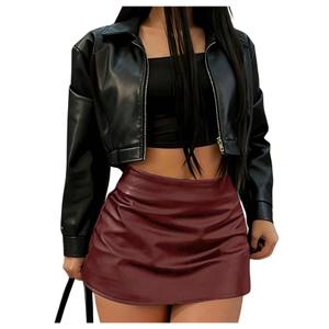 RoseSeek Women's PU Leather Skirt High Waisted Ruched Bodycon Mini Skirt Y2k Party Skirts Burgundy Large (L)