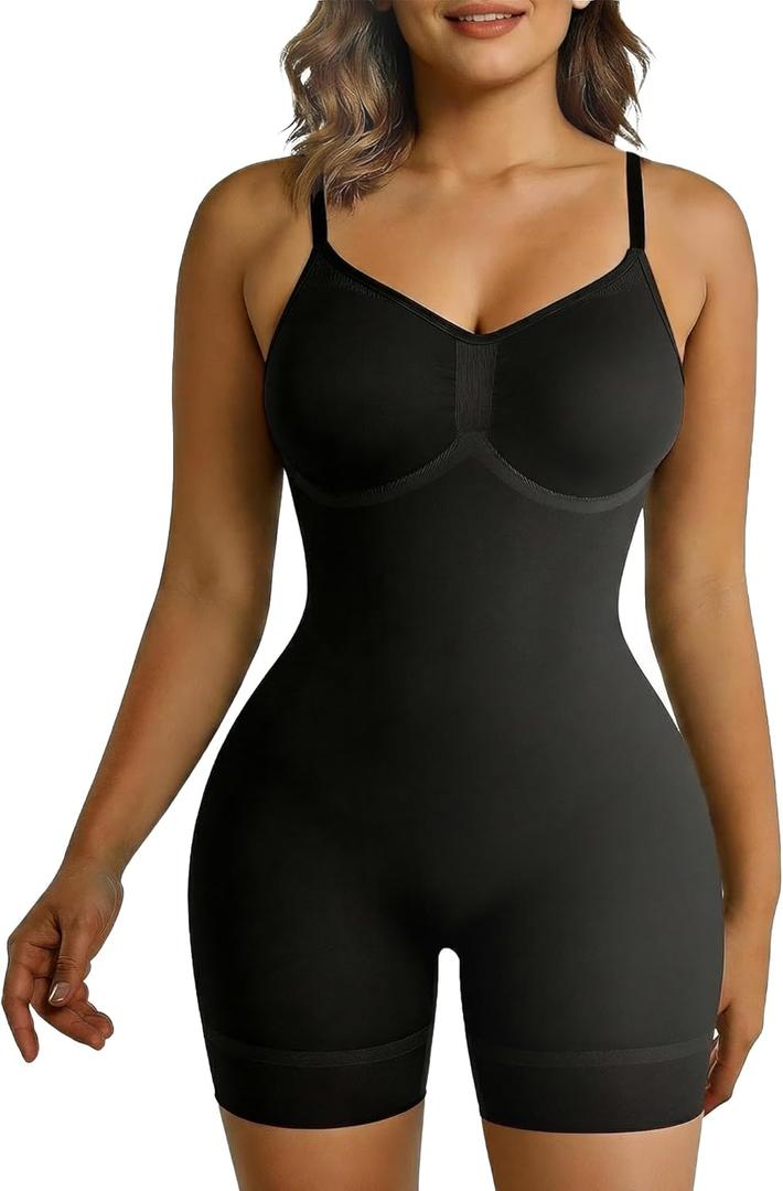 Women Tummy Control Shapewear Bodysuit High Compression Waist Back Seamless Slim Shaper Body Suit Butt Lifter (Medium, Black-mid Thigh)