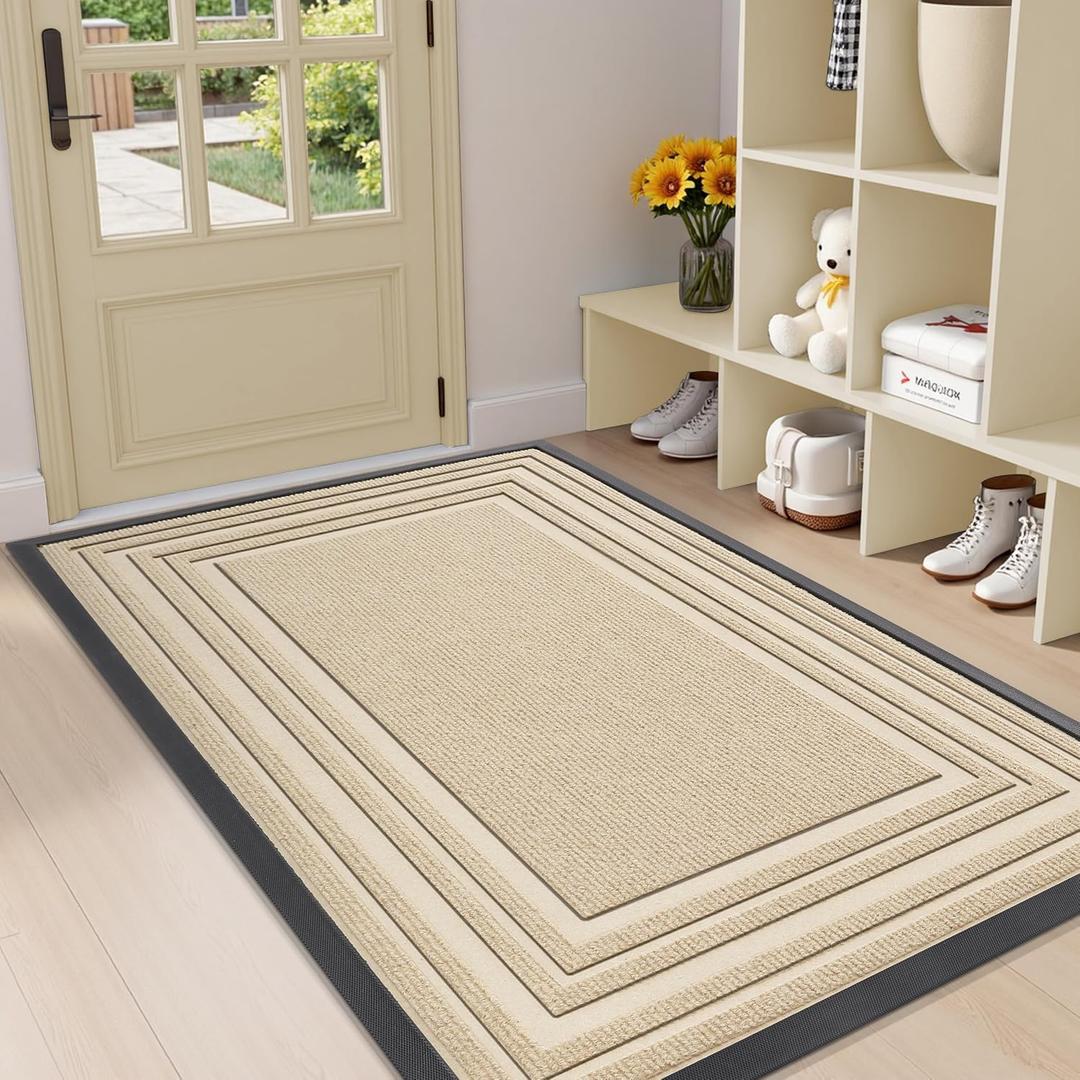 Buganda Front Door Mat Indoor Outdoor Entrance, Non-Slip Natural Rubber Doormats, Easy Clean, Low Profile, Dirt Trapper Entryway Floor Mats for Outside, Garages and Patios, 47x32, Beige