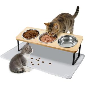 Elevated Cat Bowls, 15Tilted Raised Cat Food Bowls with Mat, Cat Food and Water 3 Stainless Steel Bowl Set for Indoor, Anti-Vomiting, Whisker Fatigue.
