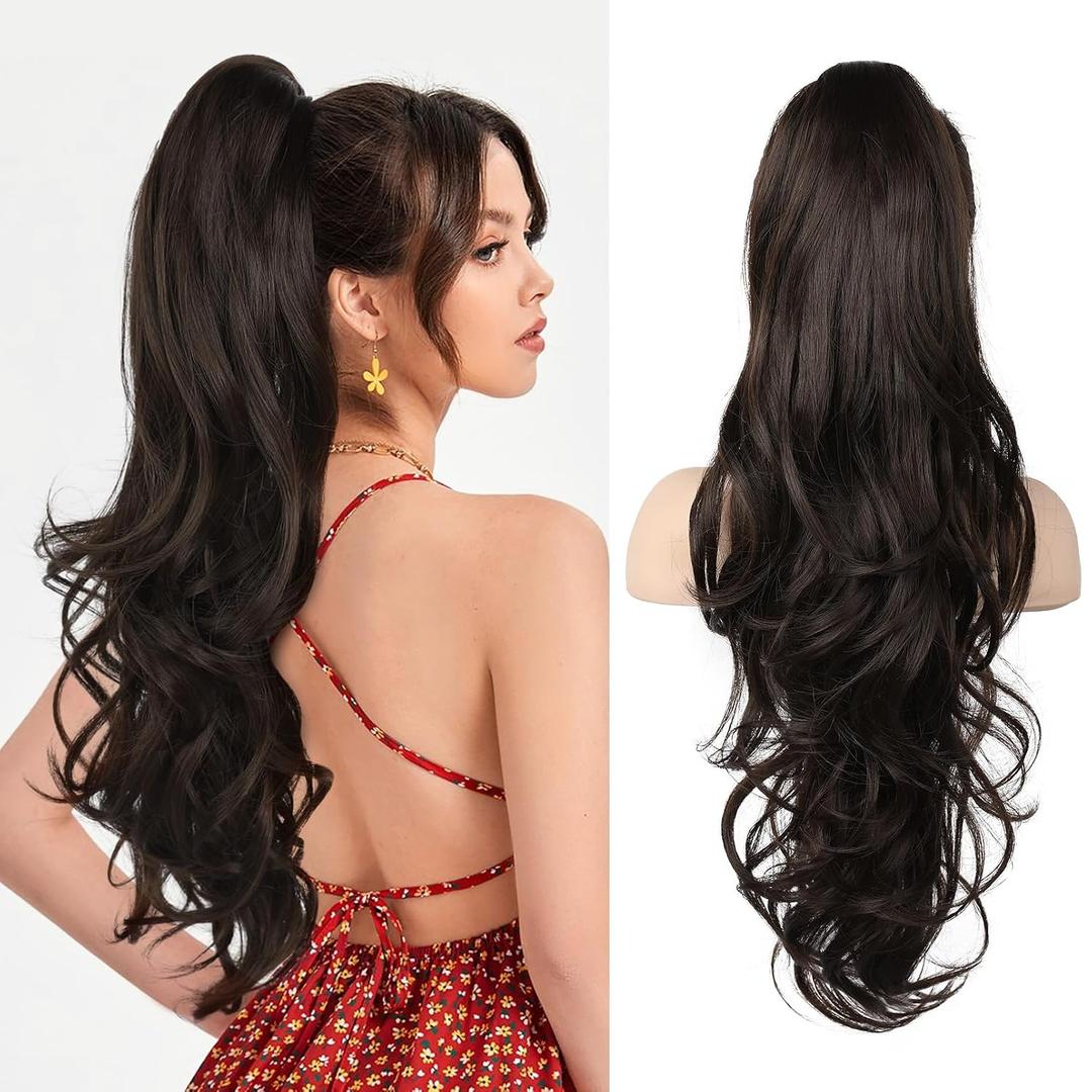 Flufymooz 26" Ponytail Extension, Long Wavy Curly Claw Clip in Ponytail Hair Extensions, Natural Synthetic Hairpiece for Women Daily Wear(Black Brown)