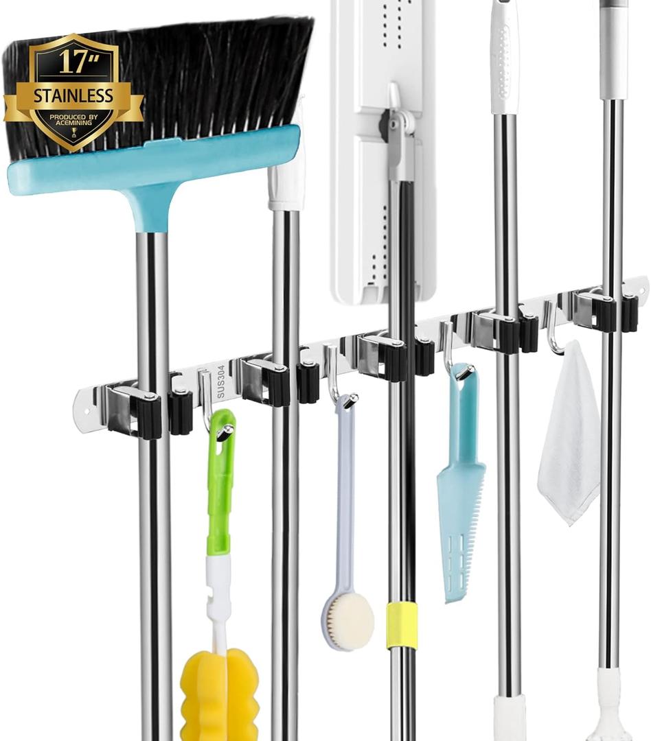 AceMining 5 Racks and 4 Hooks Mop and Broom Holder Wall Mount, Broom Organizer Storage Tool Racks Stainless Steel Heavy Duty Hooks Self Adhesive Solid Non-slip for Home Kitchen Garden Laundry Garage (1 Pack, 5 Racks & 4 Hooks)