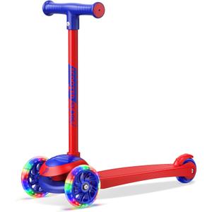 3 Wheel Scooter for Kids, Smooth Light Up LED Front Wheels, Wide Anti Slip Deck, Rear Foot Brake, Easy Lean to Steer Maneuvering, Indoor & Outdoor Ride On Toys for Ages 2 Up (Red)