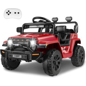 Hikole 12V Kids Ride on Car with Parent Remote Control, Electric Truck Car Toys Gift for Toddler Boys Girls Ages 3-8, Spring Suspension, Safety Belt, Music Player, 3 Gear Shift, LED Light, Red