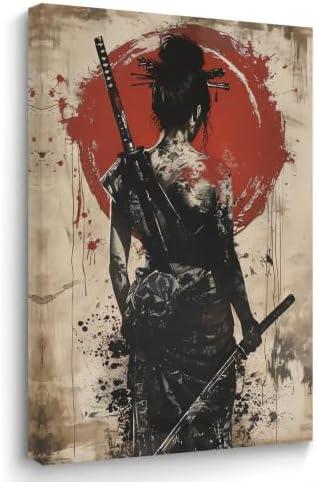 ARTZGX Japanese Canvas Wall Art Armored Samurai Pictures for Wall Red Warrior Painting Bushido Poster for Bedroom Decor Frame(Red 16.00" x 24.00")