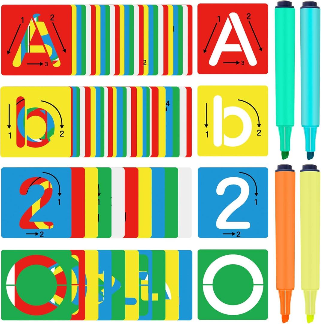 72 Pieces Preschool Letters and Numbers Alphabet Stencils Colorful Double Sided Tracing Board PET Paint Boards for Painting with 4 Pieces Craft Markers Marker Paint Pens Preschool Learning Toys