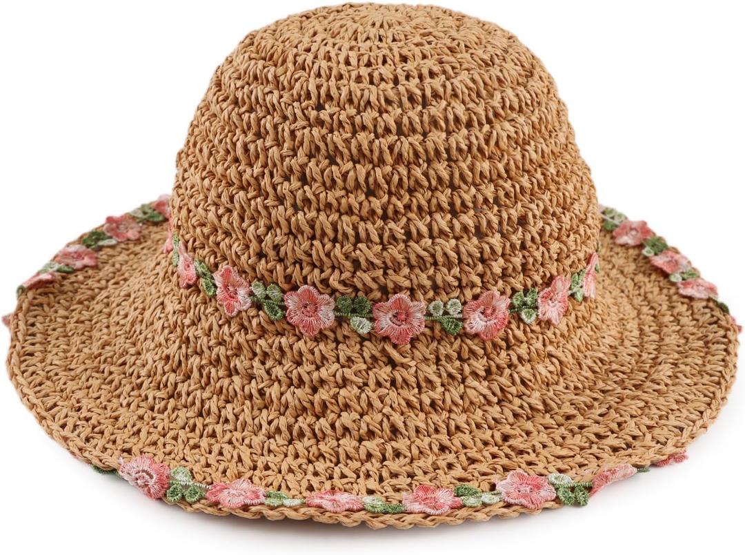 Baby Girl Sun Hat for Toddler Straw Hats Kids Bucket Hat with Bow Flower Baby Sun Cap for Girls Beach Summer Outdoor (Brown), One Size
