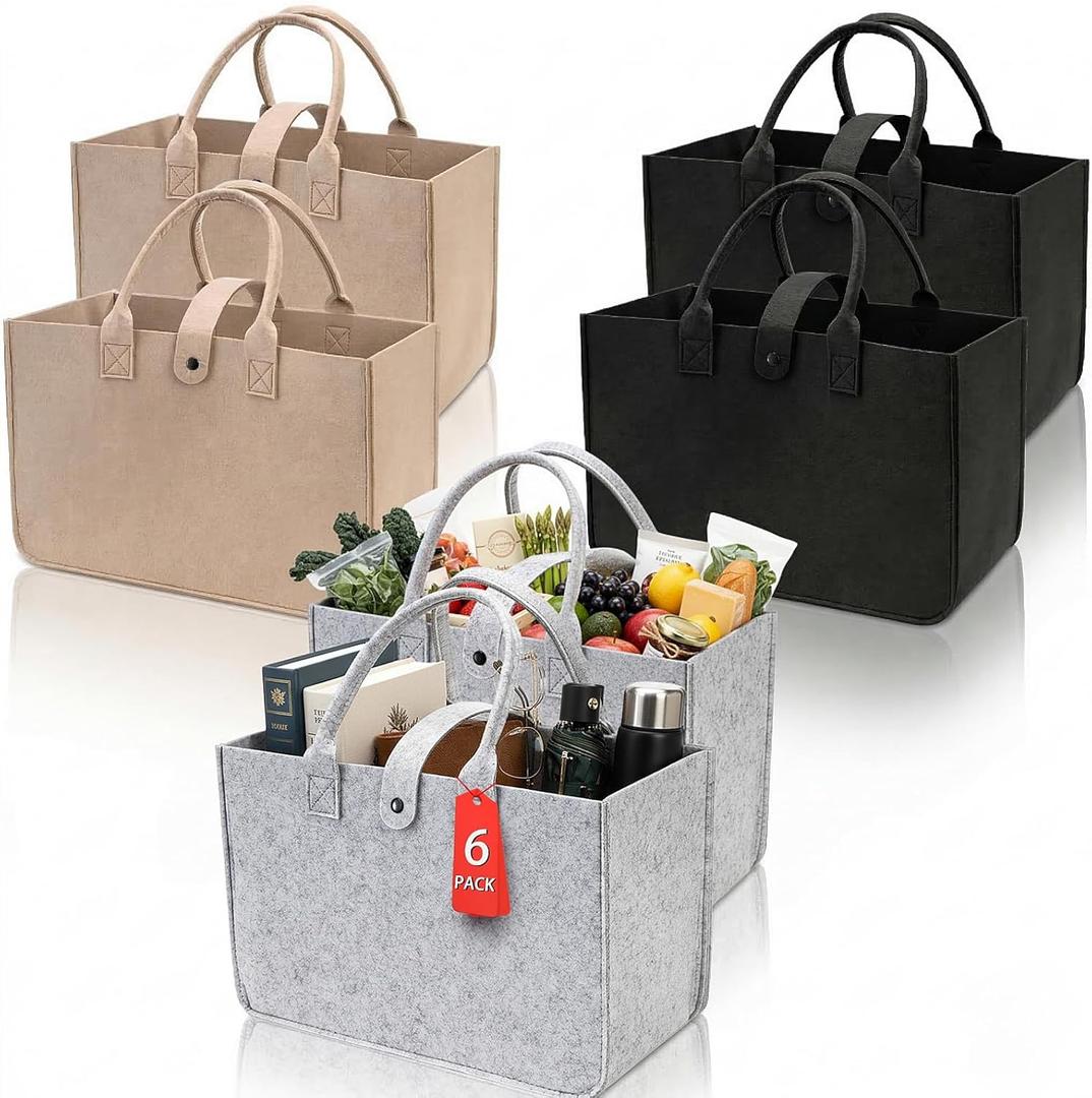 ZOOFOX 6 Pack Foldable Felt Tote Bags Bulk, Reusable Grocery Shopping Bags with Reinforced Handles and Button, Colorful Utility Tote for Gifts, Clothes, Books