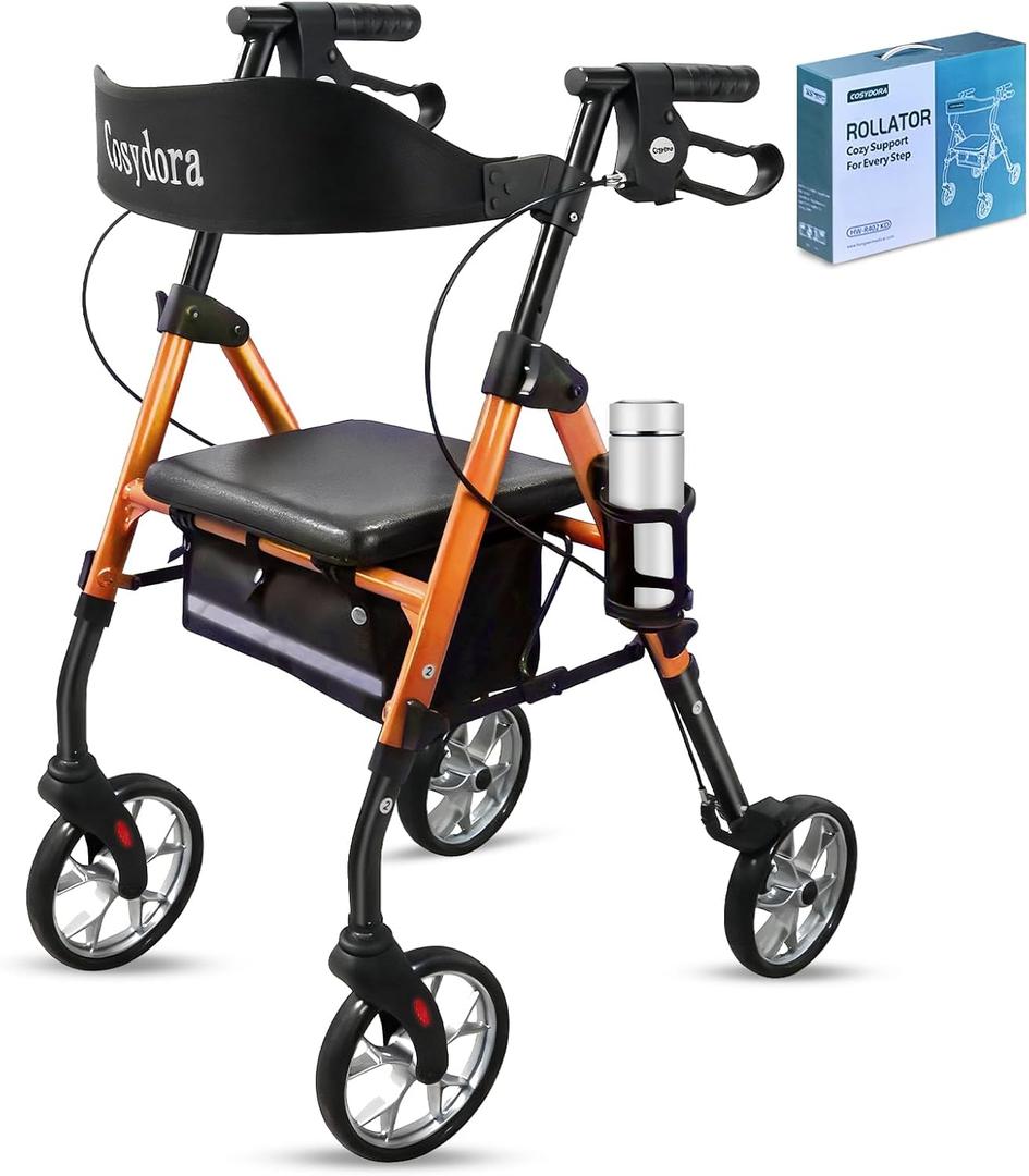 Cosydora Rollator Walkers for Seniors with Seat, 13.6 Lbs Ultra Lightweight Foldable Rolling Walker, 350Lbs Heavy Duty Aluminum, 8" All Terrain Wheels, Dual Adjustable Height, Light Orange
