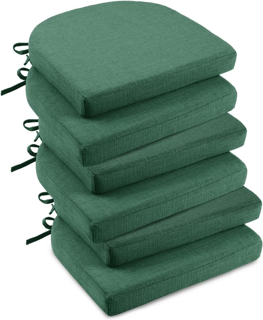 downluxe Indoor Chair Cushions for Dining Chairs, Soft and Comfortable Textured Foam Kitchen Chair Pads with Ties and Non-Slip Backing, 16" x 16" x 2", Dark Green, 6 Pack