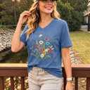Womens Graphic T Shirts V Neck Vintage Tees Floral Tops Teacher Shirts Blue (Blue, XL)
