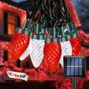 C9 Ultra Bright Solar Christmas Lights 50 LED Red White String Lights Strawberry Flower Design Outdoor Waterproof with 8 Modes for Valentine's Day Wedding Centerpiece Decoration