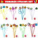 24 PCS Summer Drinking Crazy Straws for Kids Beach Ball Pool Flamingo Summer Themed Birthday Party Supplies Favors Decorations with 24 PVC Cute Charm, 2 Cleaning Brushes Reusable Straw
