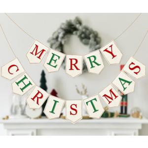 Whaline 2Pcs Christmas Burlap Banner Felt Merry Christmas Banner Red Green White Xmas Bunting Garland Pre-Assembled Celebration Hanging Decorations for Home Party Supplies