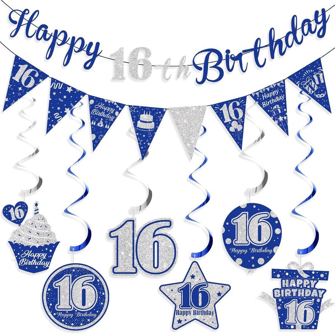 Blue & Silver 16th Birthday Banner - Happy Birthday Decorations for Men & Women - Triangle Flag Banner for Party Supplies