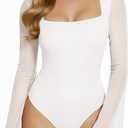 MANGOPOP Women's Square Neck Bell Sleeve Bodysuit Mesh Double Lined Body Suits Trend Going Out Tops Fall Outfits 2025 S