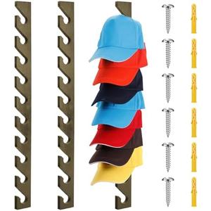 BBTO 3 Pack Wooden Hat Rack for Baseball Cap Wall Mount Hat Racks 30 Slot Vertical Baseball Cap Display Holder with 10 Hooks Organizer Wood Hanger for Door Entry Room Bedroom (Gray)