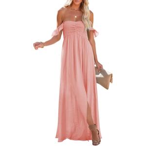 Happy Sailed Women's 2025 Summer Smocked Off The Shoulder Maxi Dresses Ruffle Short Sleeve A Line Side Slit Sundress (Medium, Pink)
