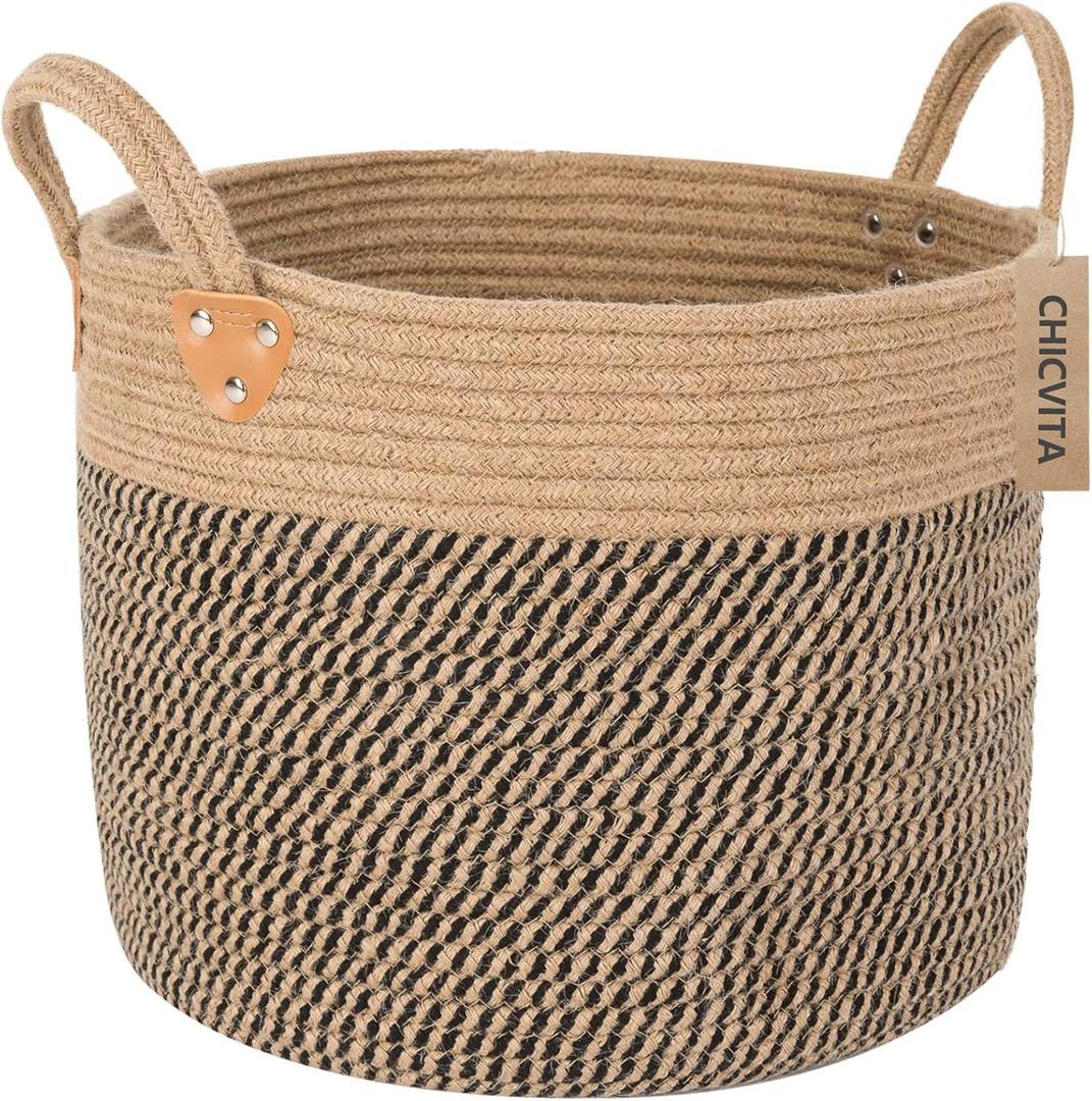 CHICVITA Wicker Laundry Basket With Handles, Storage Baskets for Decor, Rope Basket for Blankets, Toys, Clothes, Shoes, Plant Basket for Living Room, 14" X 14" X 12" (Black)